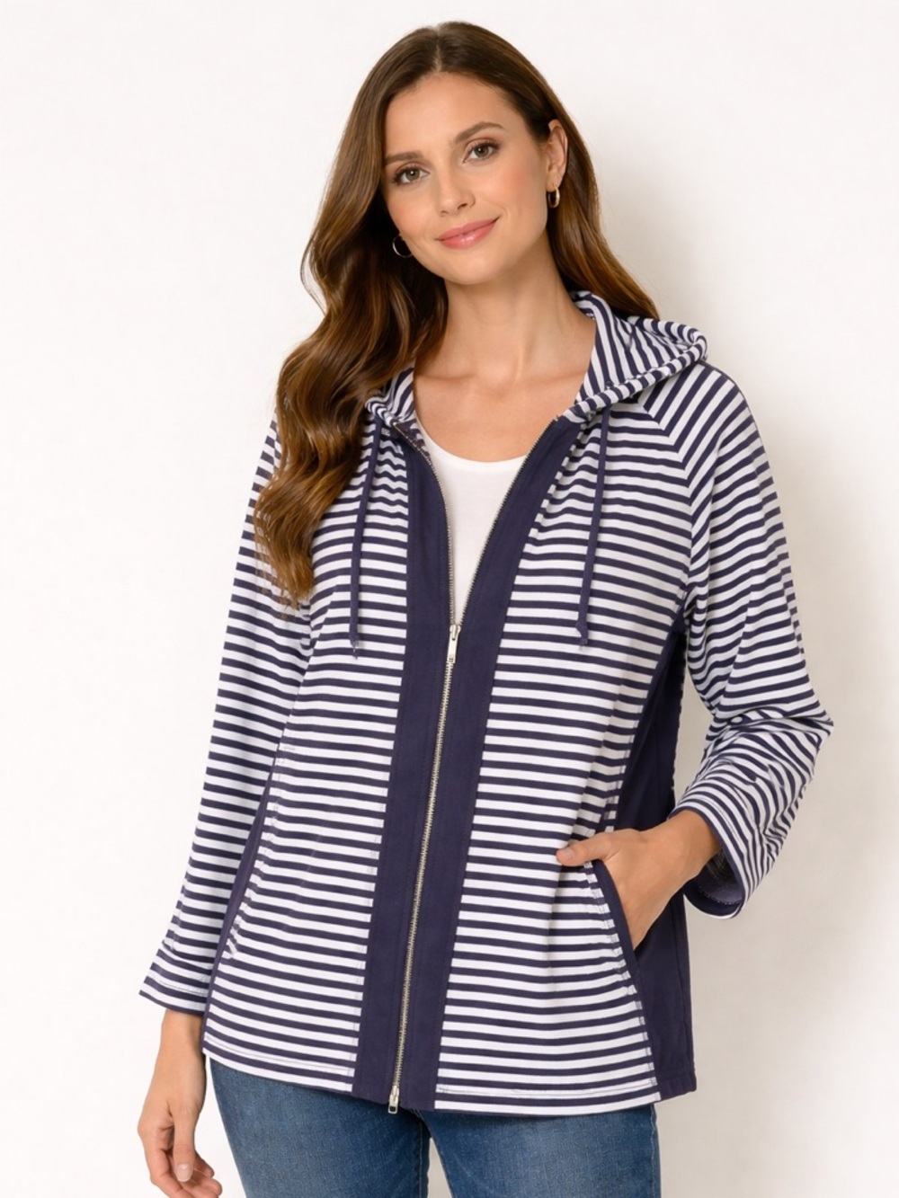 Chicos Weekends Striped Zip Up Hoodie Jacket Women Size 1 Medium Navy Blue